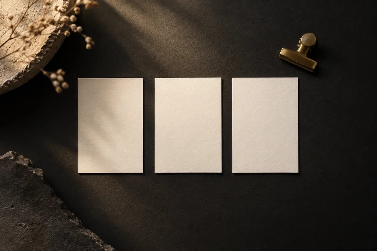 Illustrative ivory planning cards and a brass clip on dark textured paper