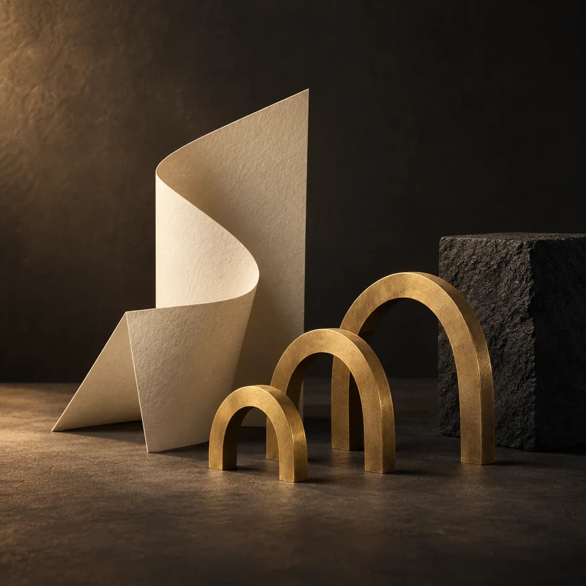 Illustrative ivory paper forms and brass arches against a dark studio background