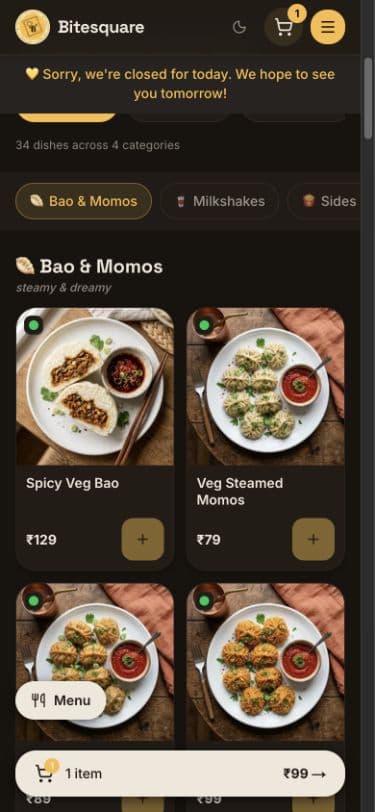 BiteSquare mobile menu with dish photographs, category navigation, prices and a visible closed-kitchen notice
