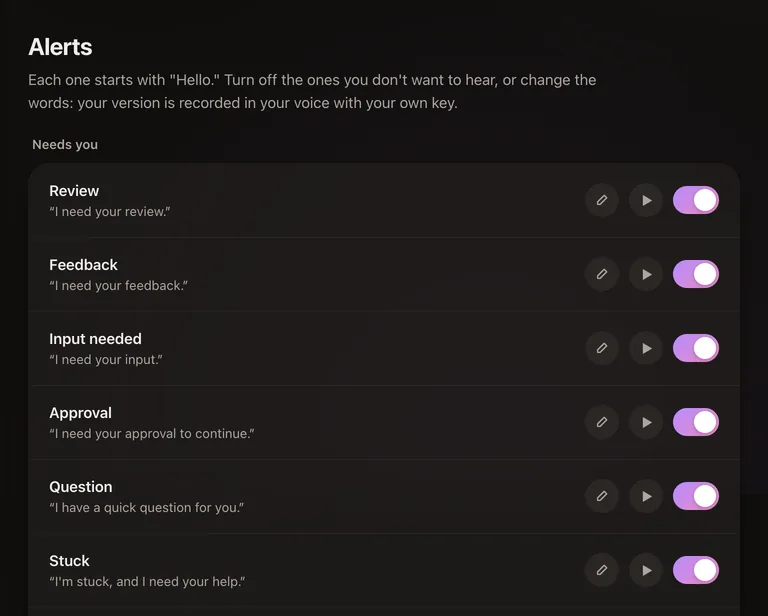 The Alerts list on the settings page: the Needs you group with Review, Feedback, Input needed, Approval, Question and Stuck, each with edit, play and an on switch.