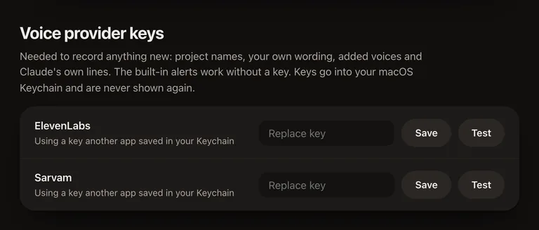 The Voice provider keys section: ElevenLabs and Sarvam rows, each using a key saved in the macOS Keychain, with Replace key, Save and Test. No key is shown.