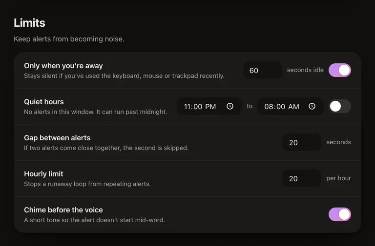 The Limits section: speak only when you have been away for 60 seconds, quiet hours, a gap between alerts, an hourly limit and a chime before the voice.