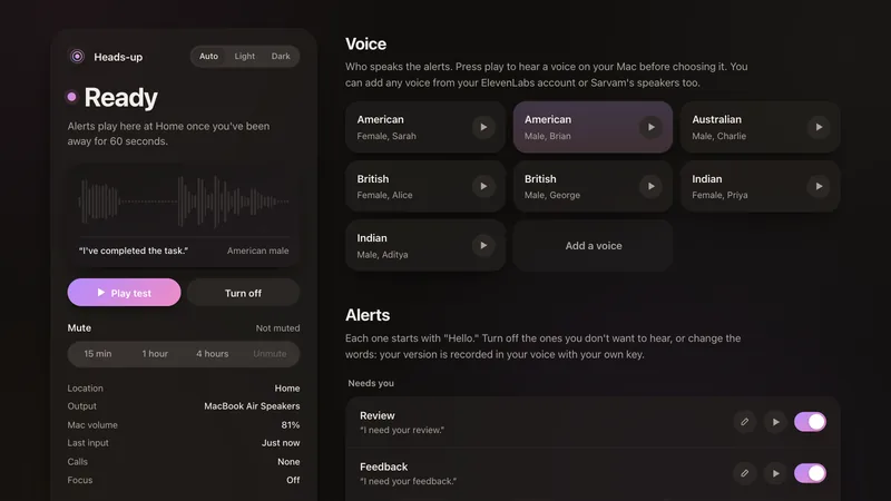 The Heads-up settings page on a Mac: the status panel says Ready, with a waveform of "I've completed the task." in the American male voice, beside the Voice section with seven voices and the start of the Alerts list.