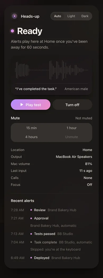 The Heads-up status panel on a phone: Ready, a waveform of a spoken alert, Play test and Turn off, mute options, and recent alerts tagged Brand Bakery Hub and BB Studio, one skipped because you were at the keyboard.