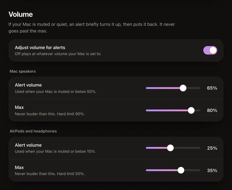 The Volume section: alert volume and max for Mac speakers (hard limit 90%) and for AirPods and headphones (hard limit 50%).
