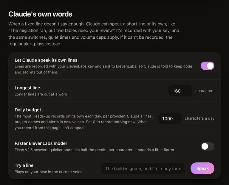 The Claude's own words section: a switch to let Claude speak its own lines, a longest line of 160 characters, a daily budget of 1,000 characters, a faster model switch and a box to try a line.
