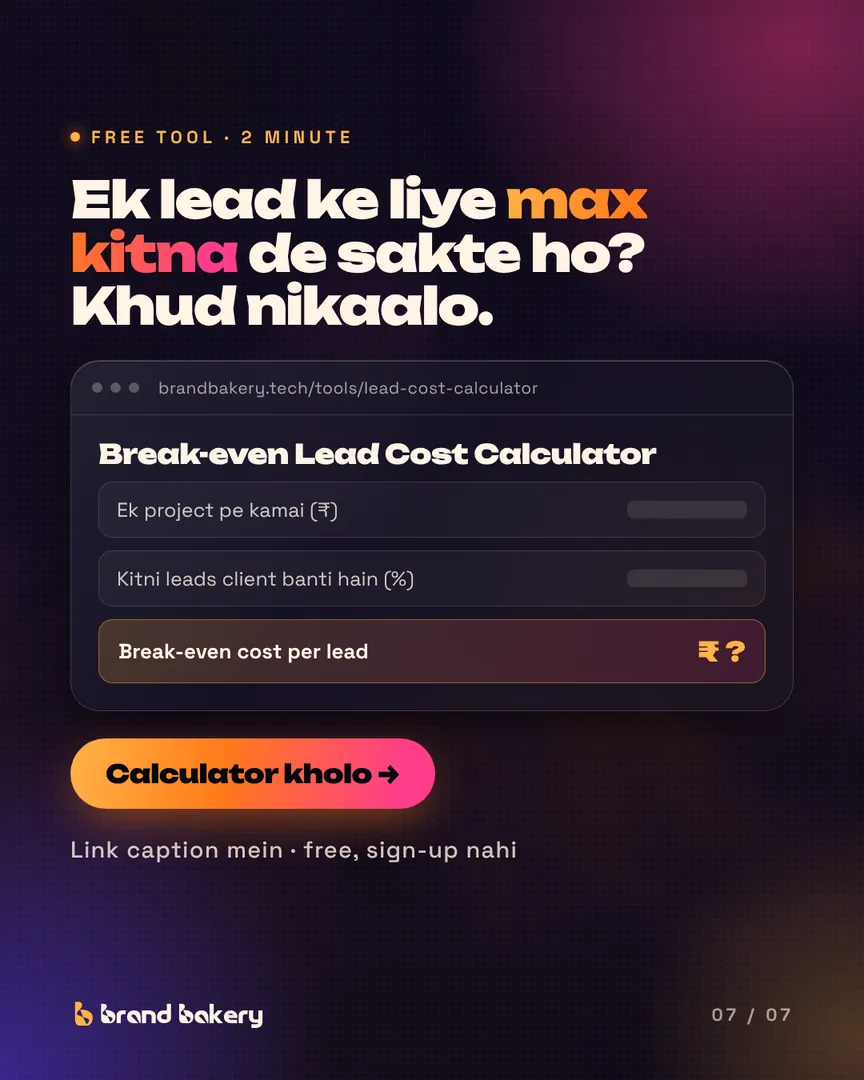 CTA. "Ek lead ke liye max kitna de sakte ho?" Mock of the Break-even Lead Cost Calculator with a "Calculator kholo" button.
