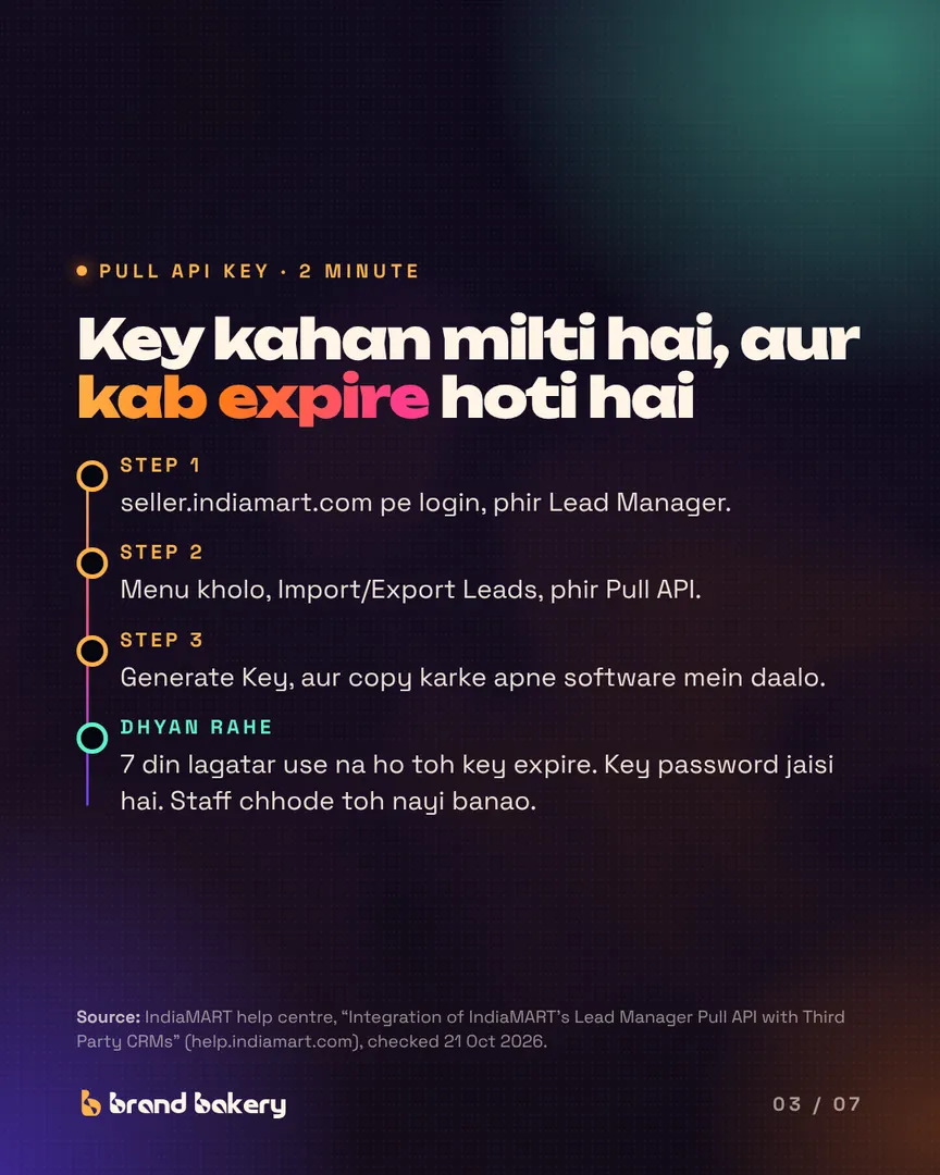 "Key kahan milti hai, aur kab expire hoti hai". Steps: seller.indiamart.com, Lead Manager, Import/Export Leads, Pull API, Generate Key. The key expires after 7 days of no use.