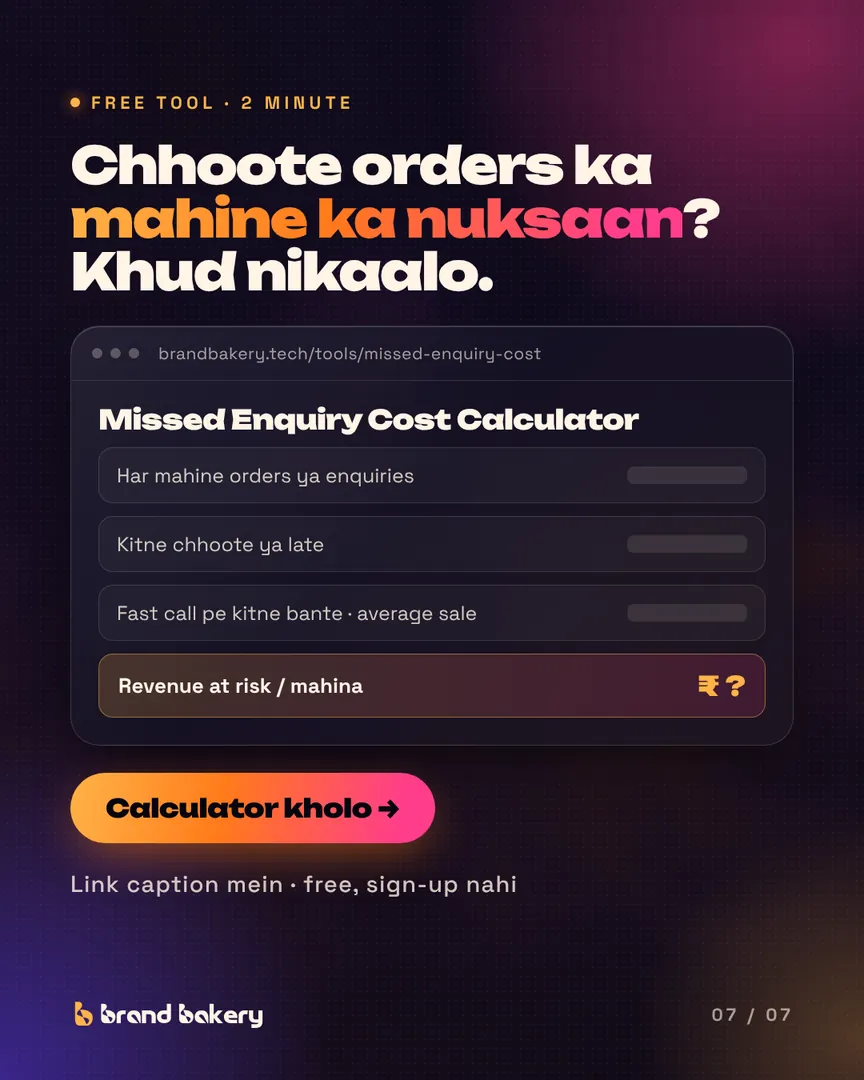 CTA. "Chhoote orders ka mahine ka nuksaan?" Mock of the Missed Enquiry Cost Calculator with a "Calculator kholo" button.