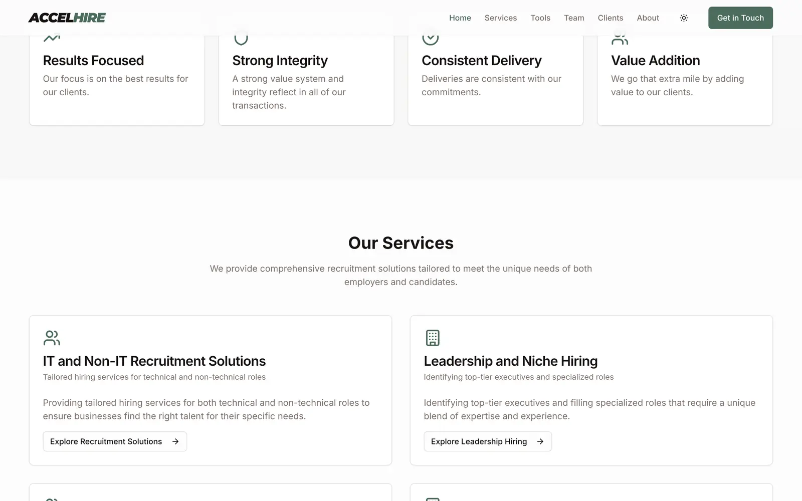 accelhire.vercel.app, desktop: services and core values