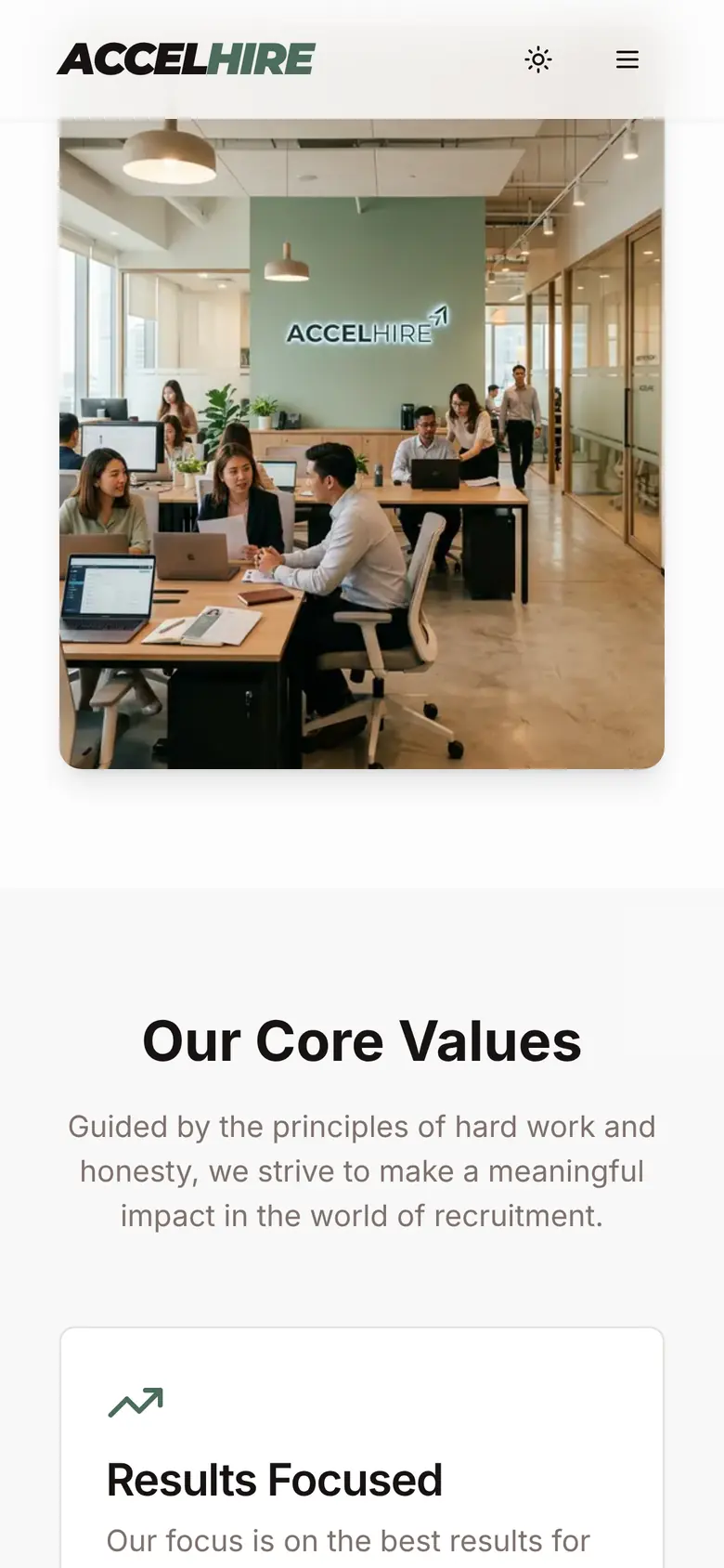 accelhire.vercel.app, mobile: about the agency on a phone