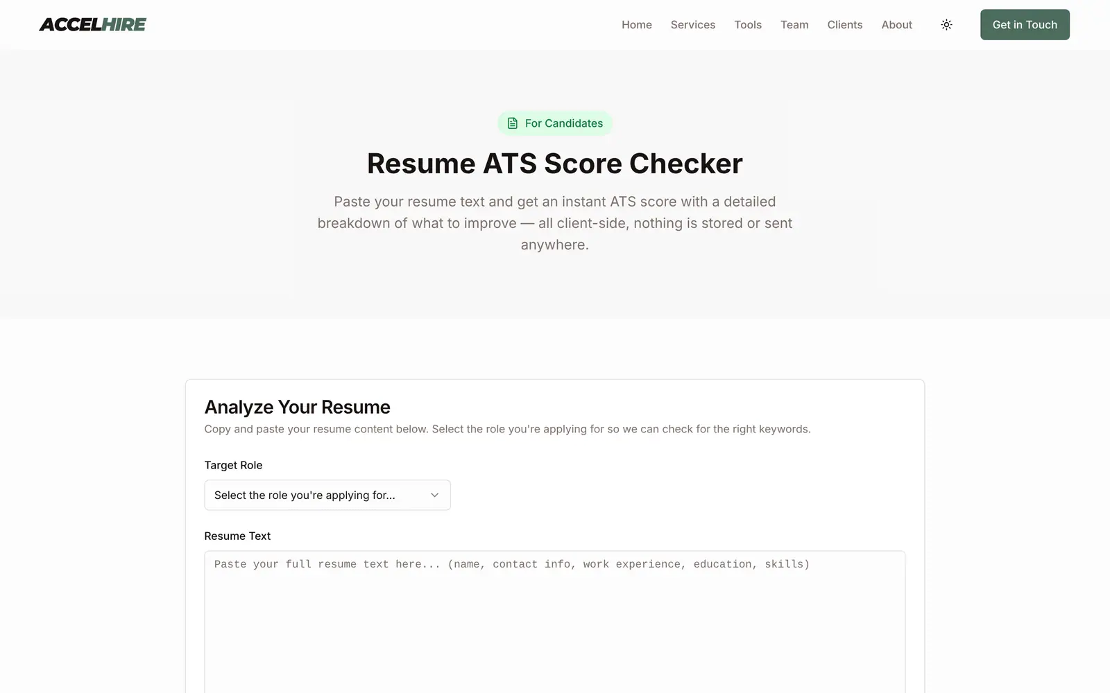 accelhire.vercel.app, desktop: the resume ATS score checker