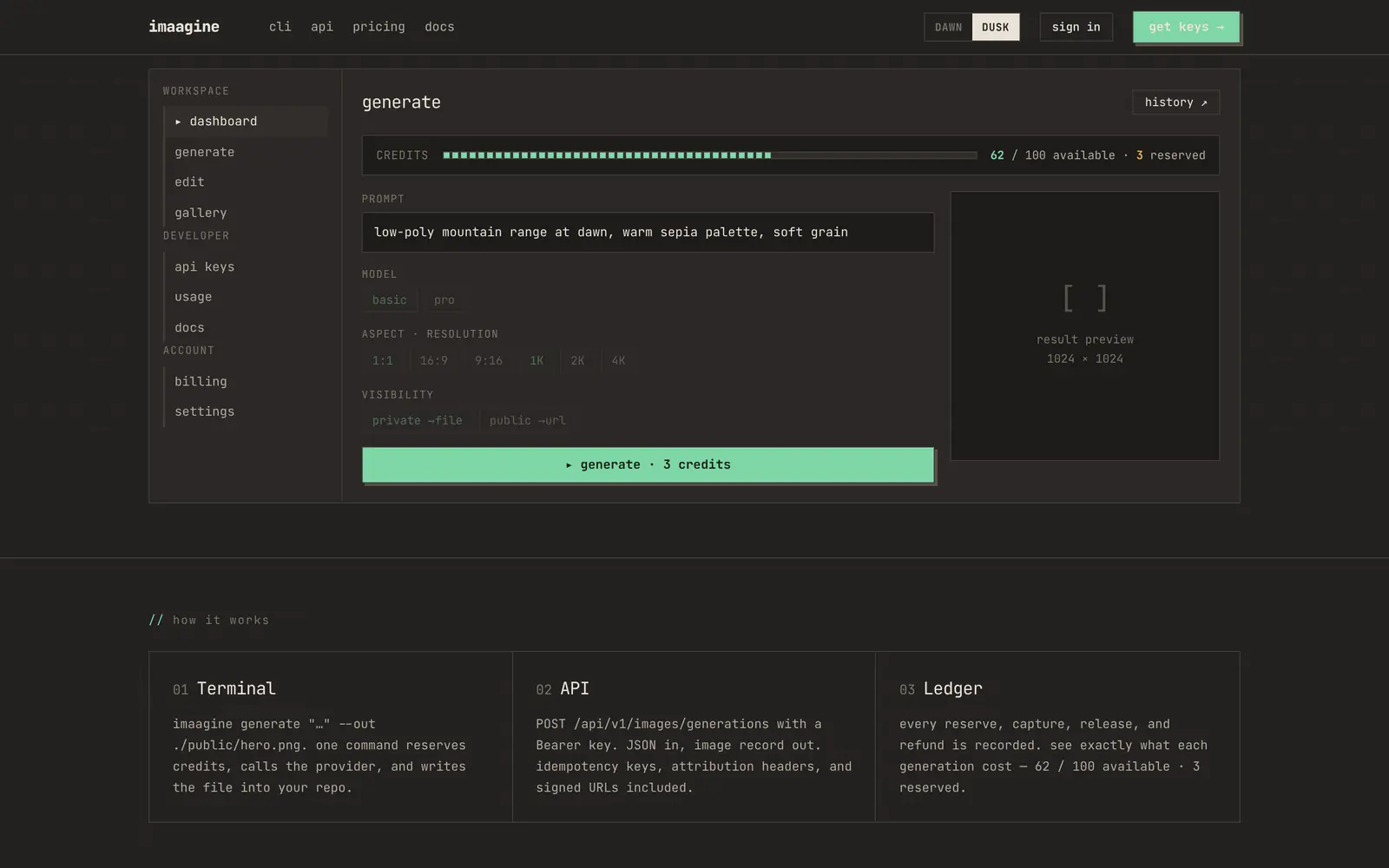 imaagine.app, desktop: the generate dashboard