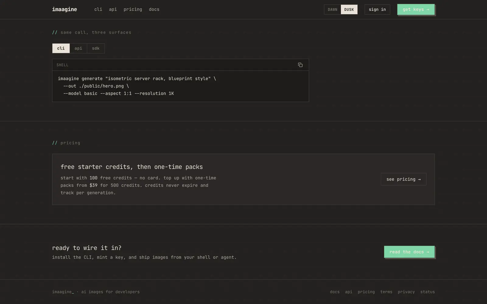 imaagine.app, desktop: one call, three surfaces: CLI, API and SDK