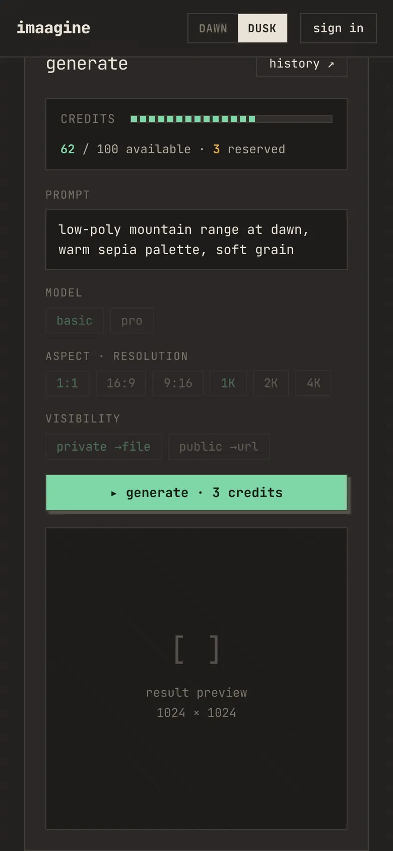 imaagine.app, mobile: the generate dashboard on a phone