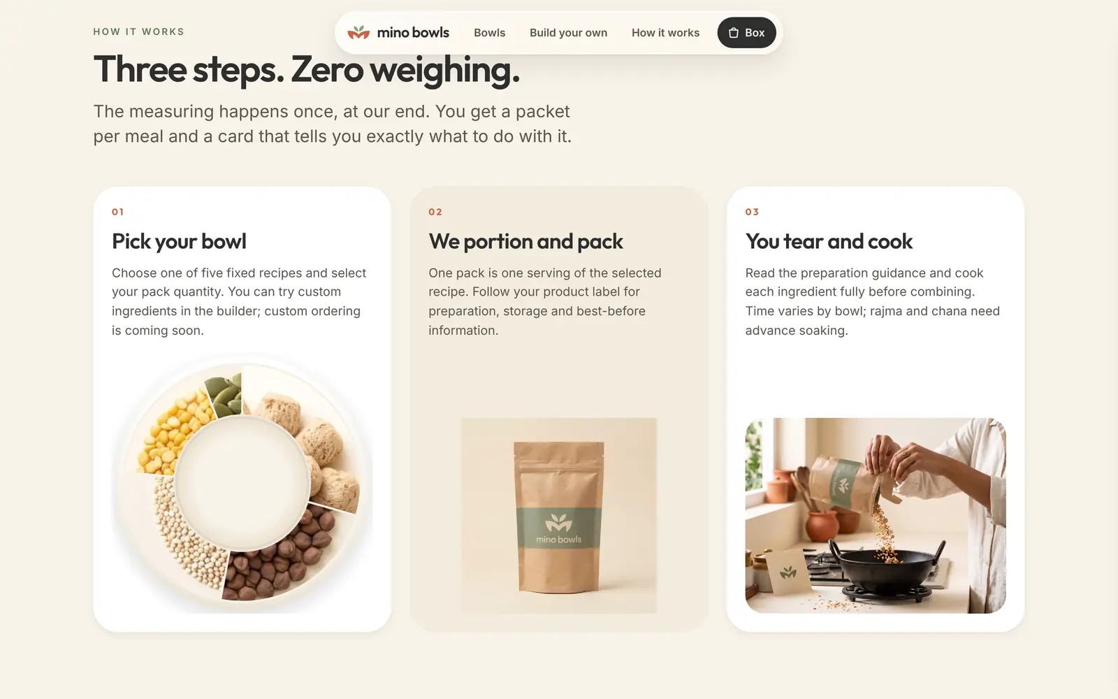 minobowls.com, desktop: three steps, zero weighing