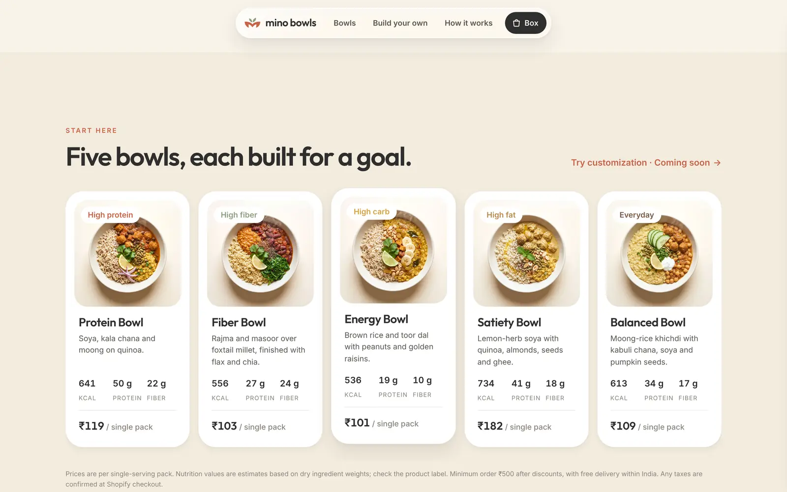 minobowls.com, desktop: five bowls, each built for a goal