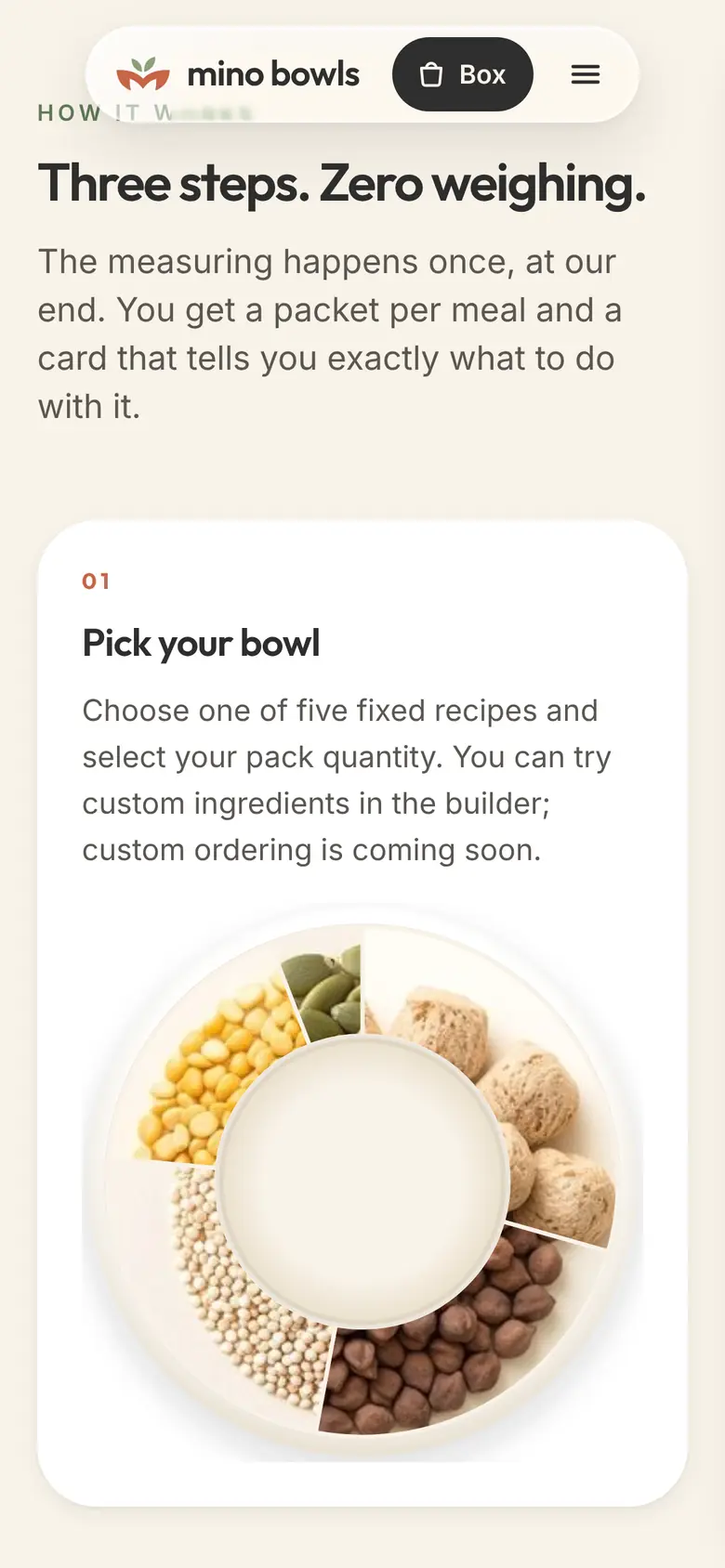 minobowls.com, mobile: three steps on a phone