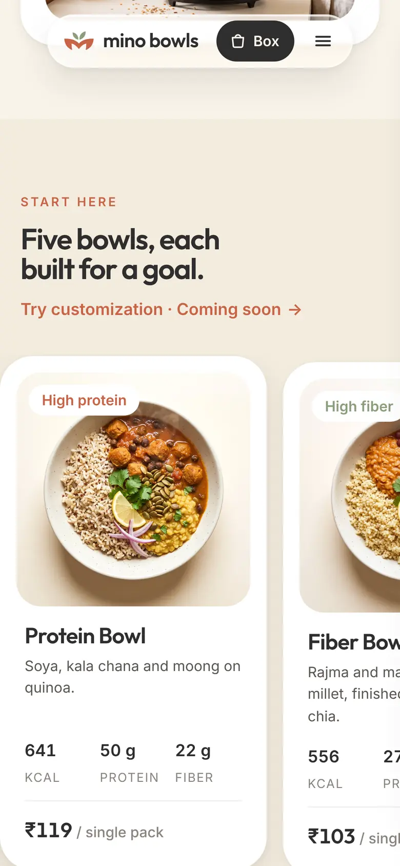 minobowls.com, mobile: the Protein Bowl card on a phone