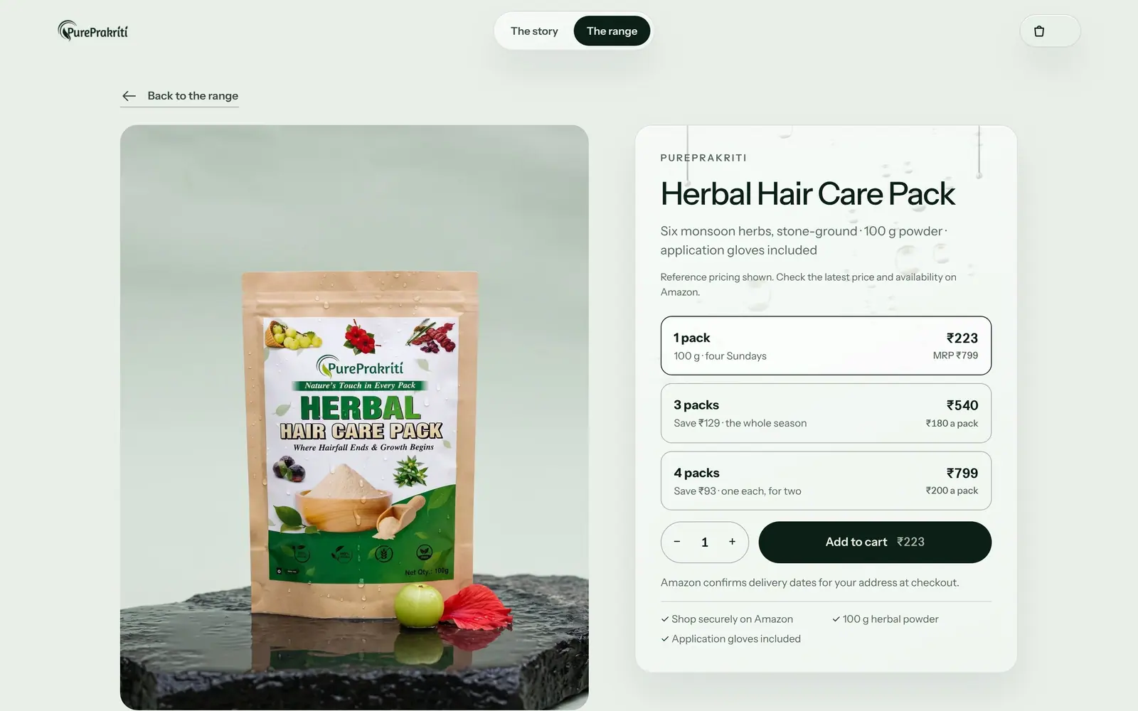 getpureprakriti.com, desktop: the Herbal Hair Care Pack product page