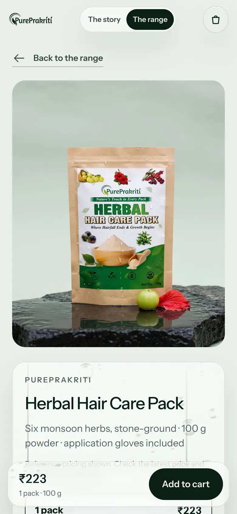 getpureprakriti.com, mobile: the Herbal Hair Care Pack product page