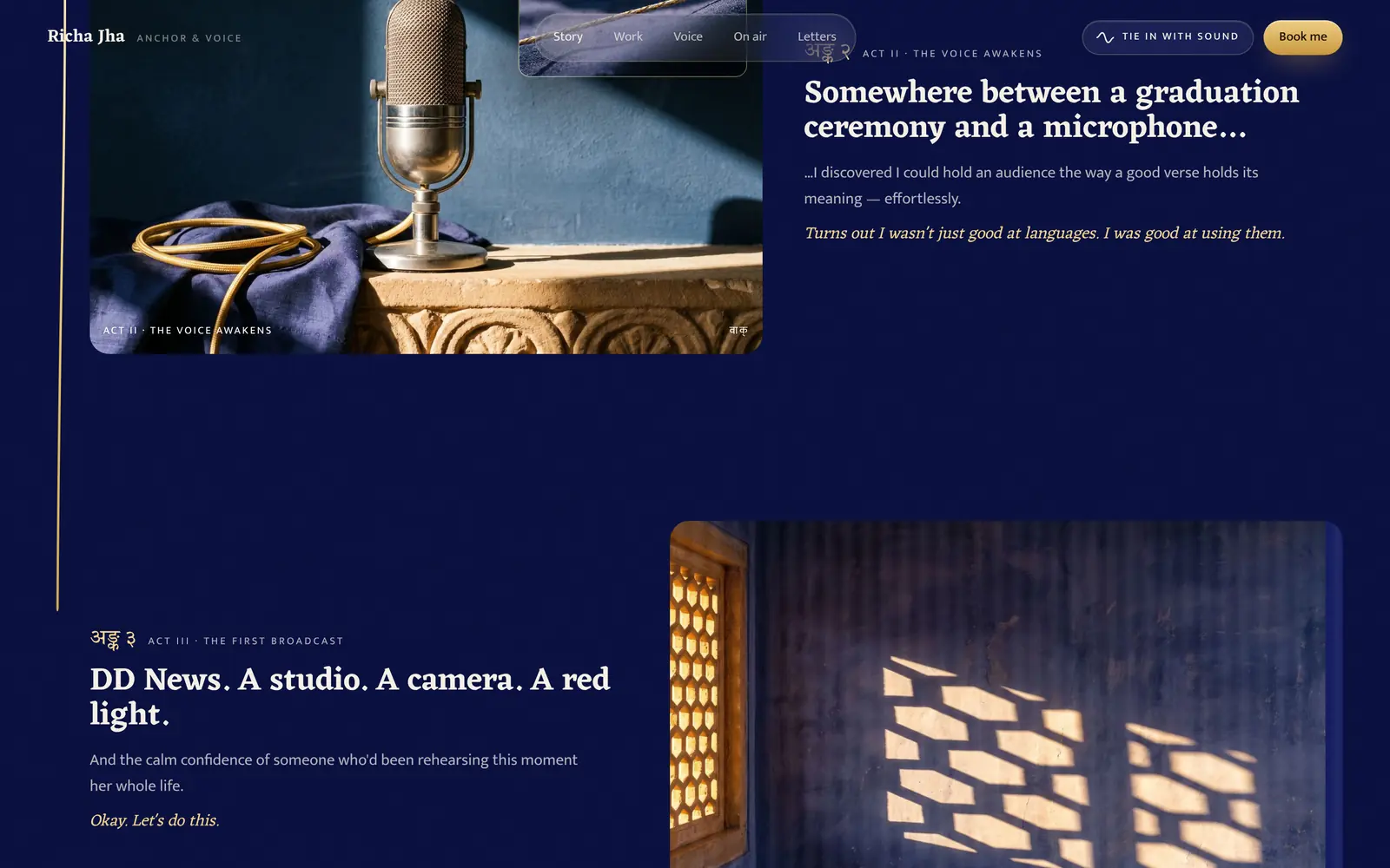 richajha.com, desktop: Act II: the microphone and Act III: DD News