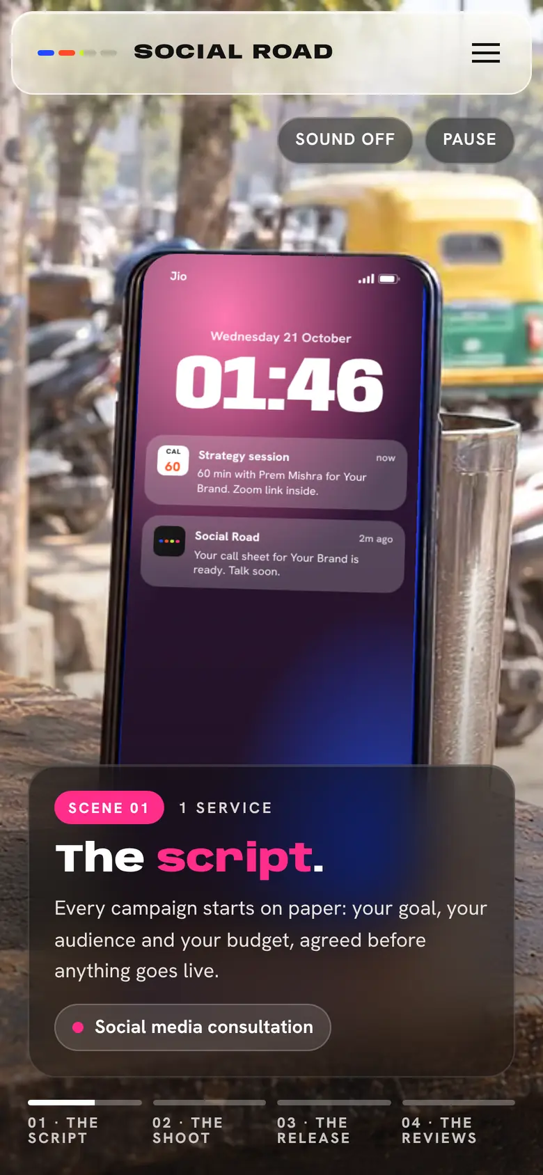 site.brandbakery.tech/socialroad, mobile: scene 01, the script, on a phone
