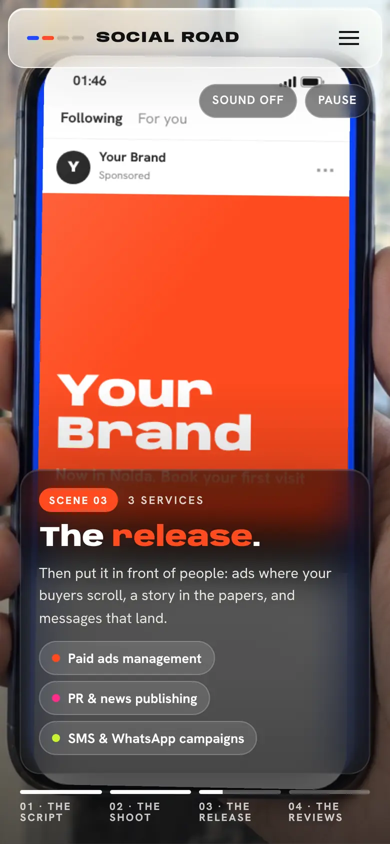 site.brandbakery.tech/socialroad, mobile: scene 03, the release, on a phone