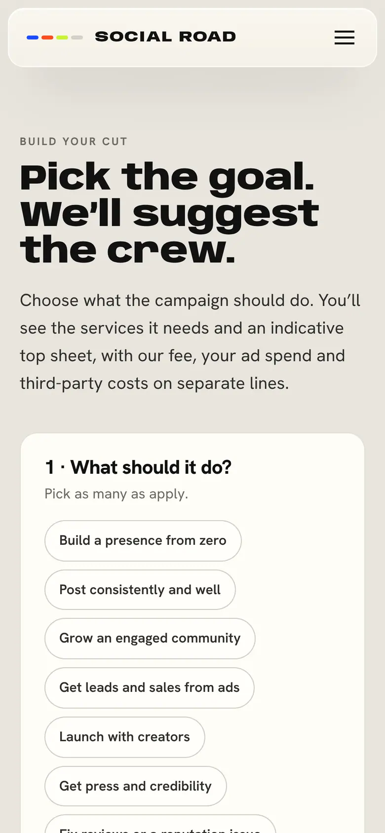 site.brandbakery.tech/socialroad, mobile: build your cut, the campaign builder