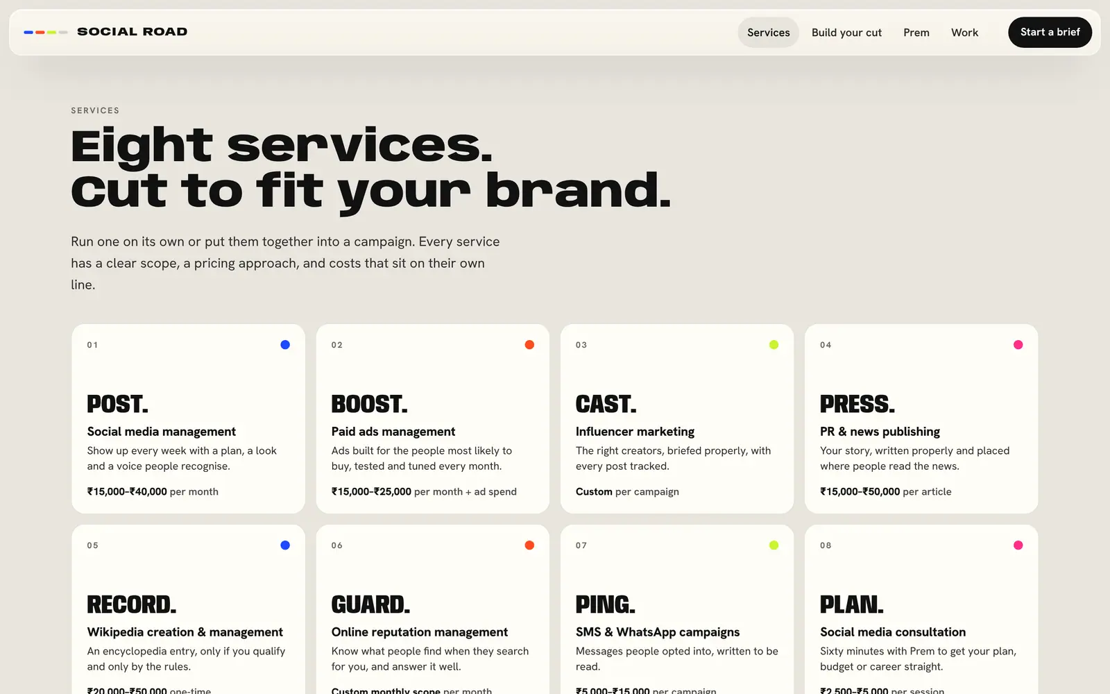 site.brandbakery.tech/socialroad, desktop: eight services